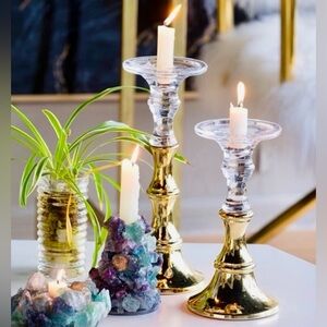 A&B HOME Camden Candle Holder 2 Pcs Chunky Glass & Gold Pillar Pedestal Display